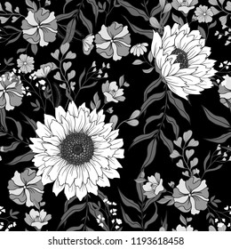 Seamless pattern with sunflowers on black and white style.
