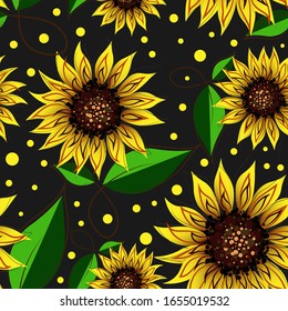 Seamless pattern with sunflowers on a black background in watercolor style. Vector illustration