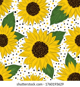 Seamless pattern with sunflowers on black background. Collection decorative floral design elements. Flowers, buds and leaf. Vintage hand drawn vector illustration in sketch and cartoon style.