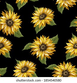 Seamless pattern with sunflowers on a black background