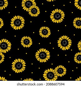 Seamless pattern with sunflowers on black background. Hand drawn vector illustration. Texture for textile, fabric, print, packaging.