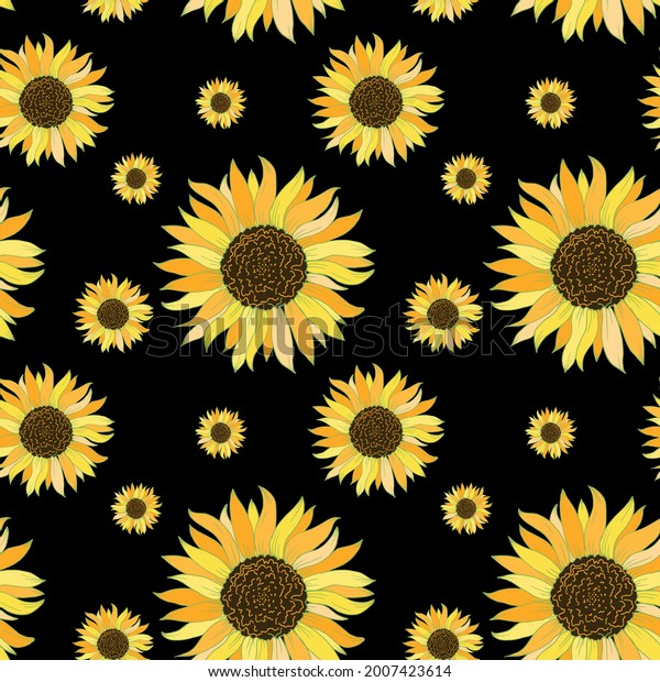 Seamless Pattern Sunflowers On Black Background Stock Vector (Royalty ...