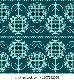 Seamless pattern of 
the sunflowers on the blue background. Ethnic vector design for fabric, wallpaper, border, wrapping paper.