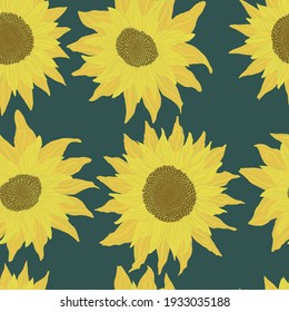 Seamless pattern with sunflowers on blue background. Flowers, buds and leaf
 Vector backdrop with yellow flower in cartoon flat design. 
