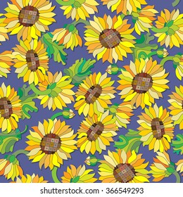 Seamless pattern with sunflowers on a blue background