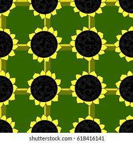 seamless pattern of sunflowers on a green background