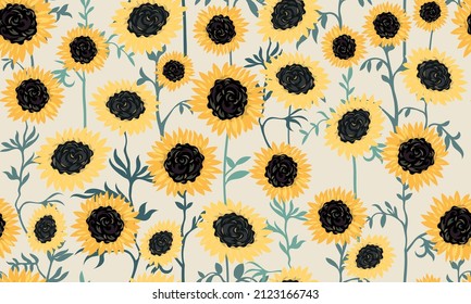 Seamless pattern with sunflowers on a light white background. Abstract floral print in vintage artistic style. Rustic, Provencal motifs field summer, autumn flowers. Vector illustration