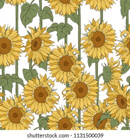 Seamless pattern with sunflowers on long stems. Hand drawn vector illustration. 