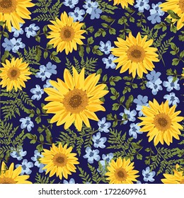 Seamless pattern with sunflowers on navy background. Ditsy decorative floral design and foliage. Flowers, buds and leaf. Vintage hand drawn vector illustration with separate elements.