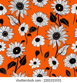 Seamless pattern with sunflowers on an orange background. Vector graphics.