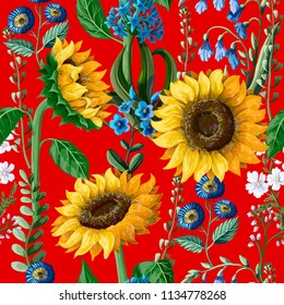 Seamless pattern with sunflowers on a red background. Vector illustration.