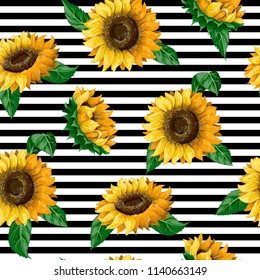 Seamless pattern with sunflowers on a ribbon background. Vector illustration.