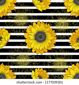 Seamless pattern with sunflowers on ribbon background