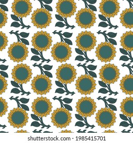 Seamless pattern with sunflowers on white background. Vector illustration. 
