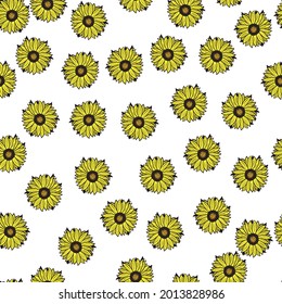 Seamless pattern sunflowers on white background. Beautiful texture with yellow sunflower and leaves. Random floral template in doodle style for fabric. Design vector illustration.