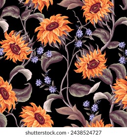 Seamless pattern with sunflowers and other wild flowers. Vector