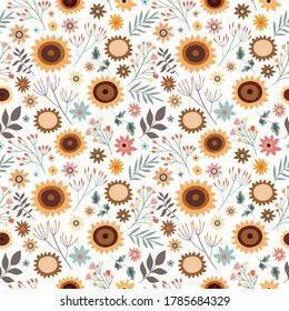 Seamless pattern with sunflowers and plants