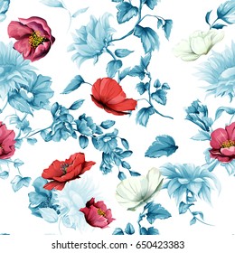Seamless pattern of sunflowers with pomegranate buds and poppy on light blue. Abstract. Hand drawn. Watercolor. Vector - stock
