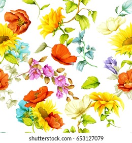 Seamless pattern of sunflowers with pomegranate buds and poppy on white. Abstract. Hand drawn. Watercolor. Vector - stock