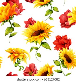 Seamless pattern of sunflowers with pomegranate buds on white. Abstract. Hand drawn. Watercolor. Vector - stock