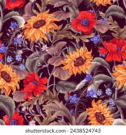 Seamless pattern with sunflowers, poppies and other wild flowers. Vector