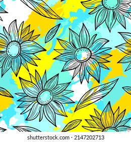 Seamless pattern with sunflowers print. Creative texture for fabric, wrapping, textile, wallpaper, apparel. Vector modern illustration background. Ukrainian colors