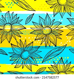 Seamless pattern with sunflowers print. Creative texture for fabric, wrapping, textile, wallpaper, apparel. Vector modern illustration background. Ukrainian colors