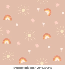 seamless pattern with sun,flowers and rainbows,childish print for wallpaper,cover design,kids fabric,nursery interior and decoration,pastel baby shower illustration in doodle style,light background. 