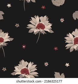 Seamless pattern with sunflowers and red flowers on a dark background