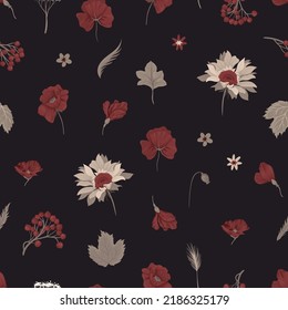 Seamless pattern with sunflowers and red flowers on a dark background