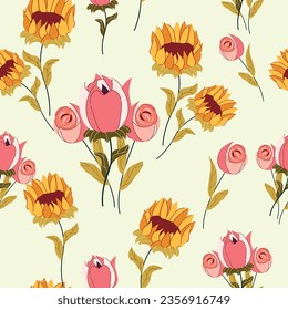 Seamless pattern with sunflowers and roses. Flat design. Isolated.Plants.Vector stock illustration. trendy design. Print for clothes and items
