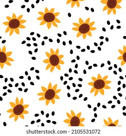 Seamless pattern with sunflowers and seeds. Summer floral background