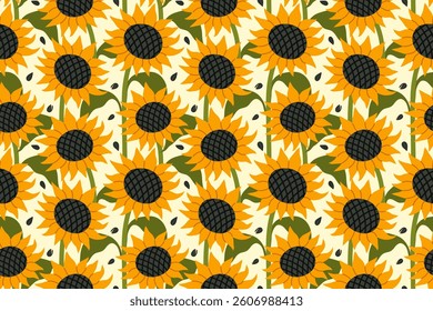 Seamless pattern with sunflowers with seeds. Summer pattern with yellow sunflowers