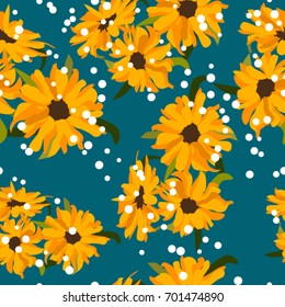 Seamless pattern with sunflowers and small dots
