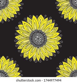 Seamless pattern with sunflowers. Summer print. Yellow sunflowers. Design for fabric, textile, packaging, flower shop, website, floristry.