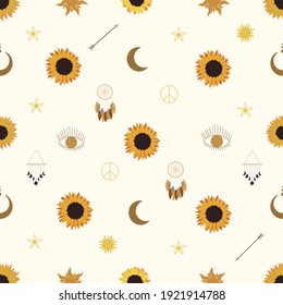 Seamless pattern with sunflowers, sun, crescent, arrow, stars, dreamcatcher, and eye. Backgrounds and wallpapers for invitations, cards, fabrics, packaging, textiles. Vector illustration.