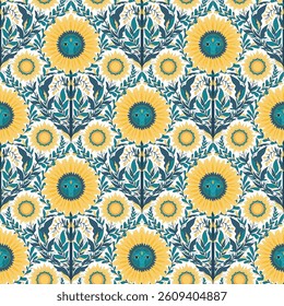 Seamless pattern with sunflowers. Sun with faces in floral pattern. Vintage tapestry knot with sunflowers.