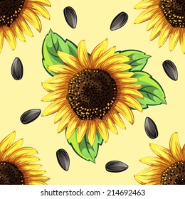 seamless pattern of sunflowers and sunflower seeds