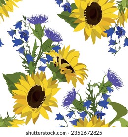 Seamless pattern of sunflowers, thistle and bluebells on white. Vector illustration. For decoration textile, packaging, paper.