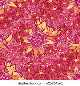 Seamless pattern of sunflowers, waratah & daisies on a marigold background. Beautiful tropical summer flowers in red, pink & orange suitable for wedding invitations, textiles or website wallpapers.