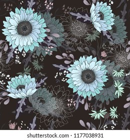 Seamless pattern with sunflowers and wild flowers. 
