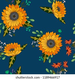 Seamless pattern with sunflowers and wild flowers. 