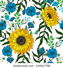Seamless pattern with sunflowers and wild flowers. 