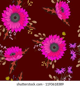 Seamless pattern with sunflowers and wild flowers. 