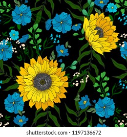 Seamless pattern with sunflowers and wild flowers. 