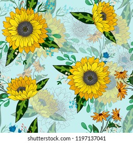 Seamless pattern with sunflowers and wild flowers. 