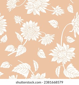 seamless pattern with sunflowers,Vector creative hand-drawn abstract seamless pattern of stylized sunflowers flowers in pastel pink and white colors background.

