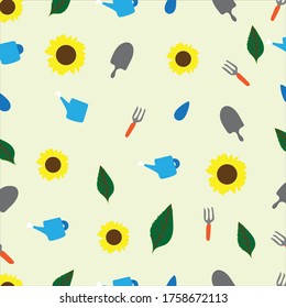 Seamless Pattern with sunflowers,watering can,shovel,green leaf and more. Perfect for print, packaging and template design, cover, books, wallpapers.