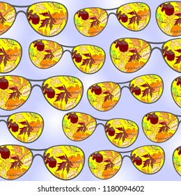 Seamless pattern. Sunglasses. Autumn leaves. Reflection in glasses. Vector illustration