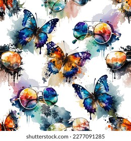 Seamless pattern of sunglasses, butterflies in a watercolor style. Vector stock illustration eps10.